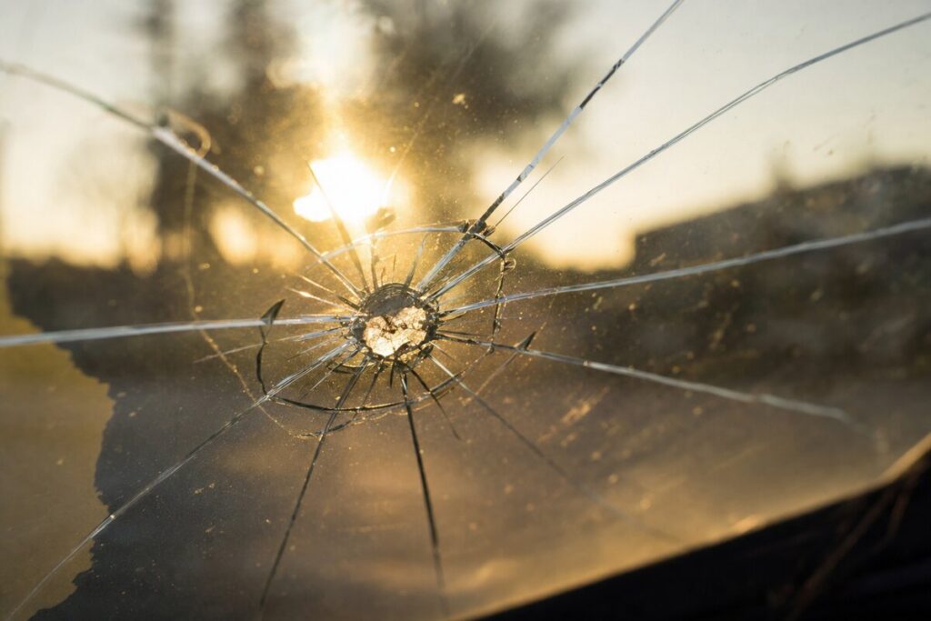 Close-up of cracked automobile windshield with Texas sun refracting through the crack, no people