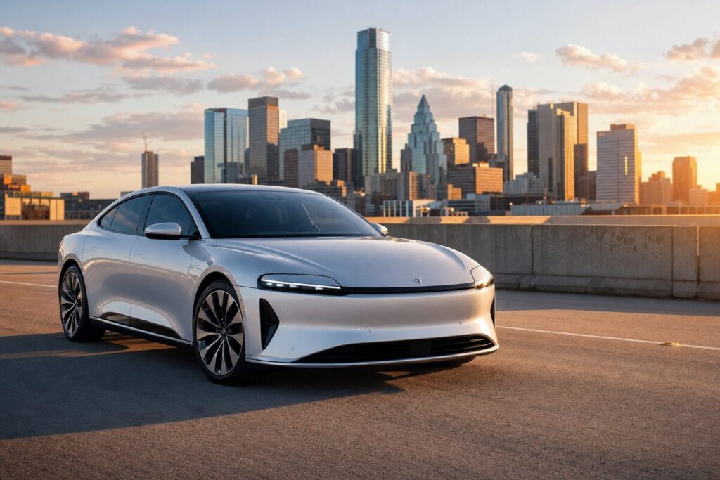 Modern electric vehicle on Texas highway, futuristic and realistic, no people
