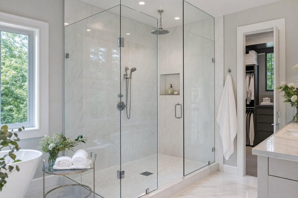 Elegant frameless glass shower enclosure in modern luxury bathroom, no people