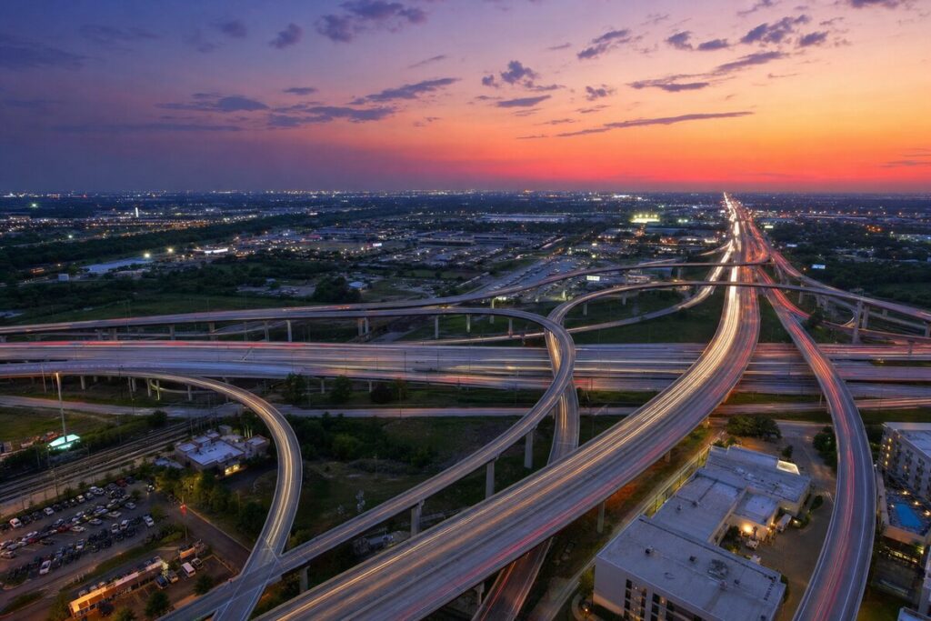 Houston Texas freeway interchange at dusk, urban Texas landscape, no people
