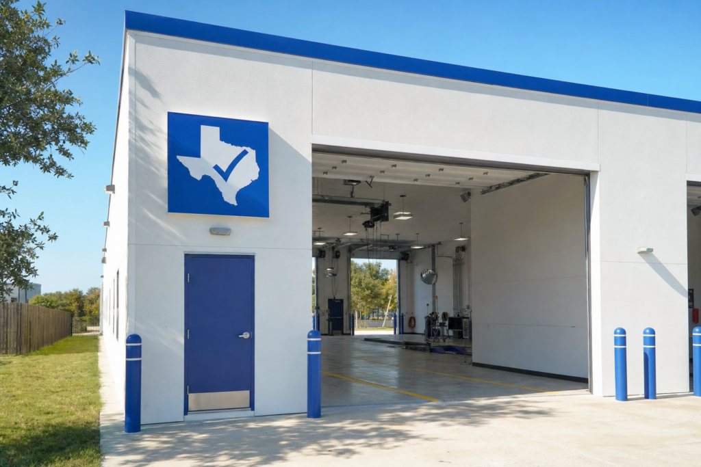 Texas vehicle inspection station exterior with inspection lane, no people